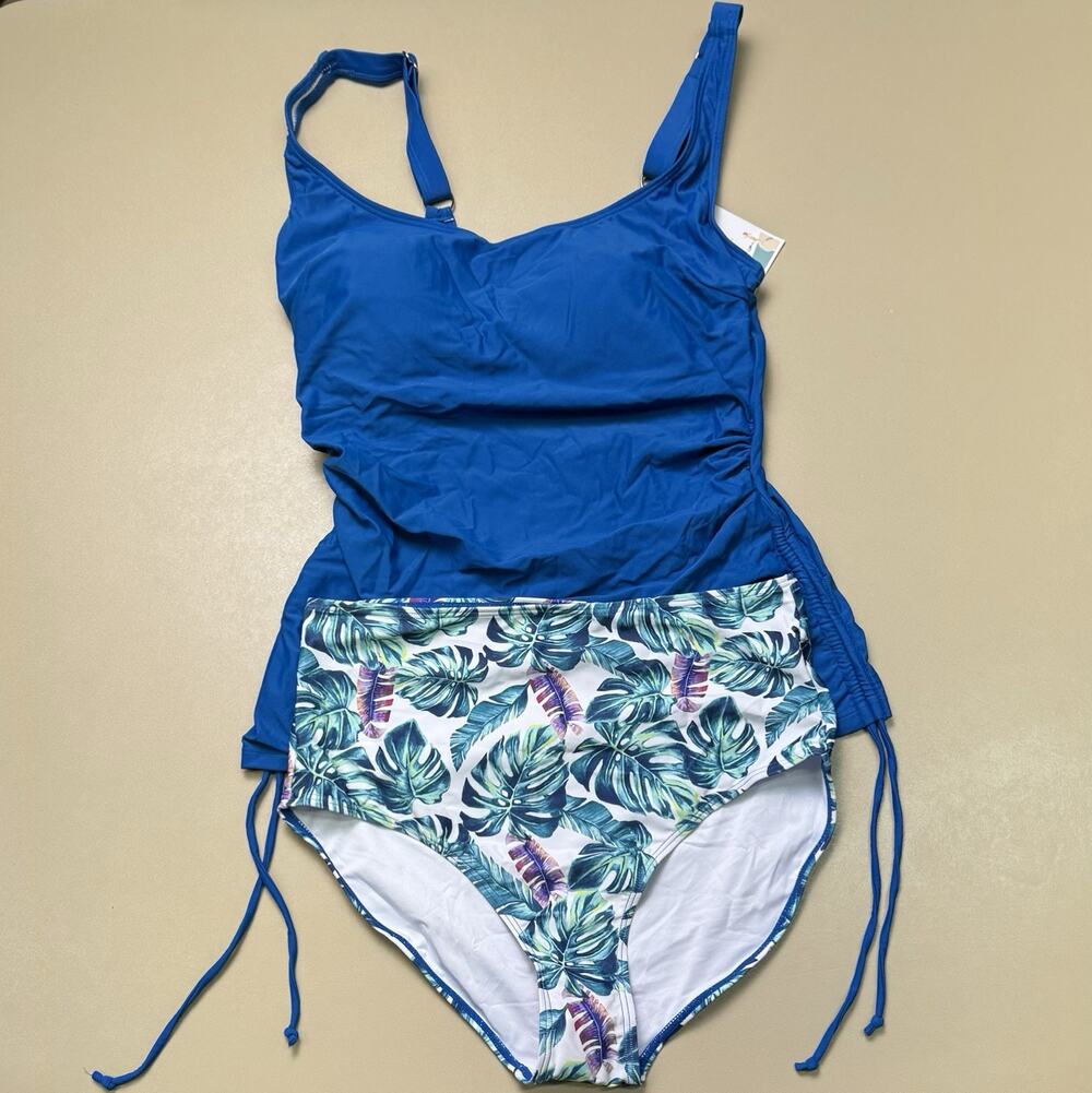 B2prity Tankini Swimsuit Medium Blue Tropical Tummy Control NWT High Waisted